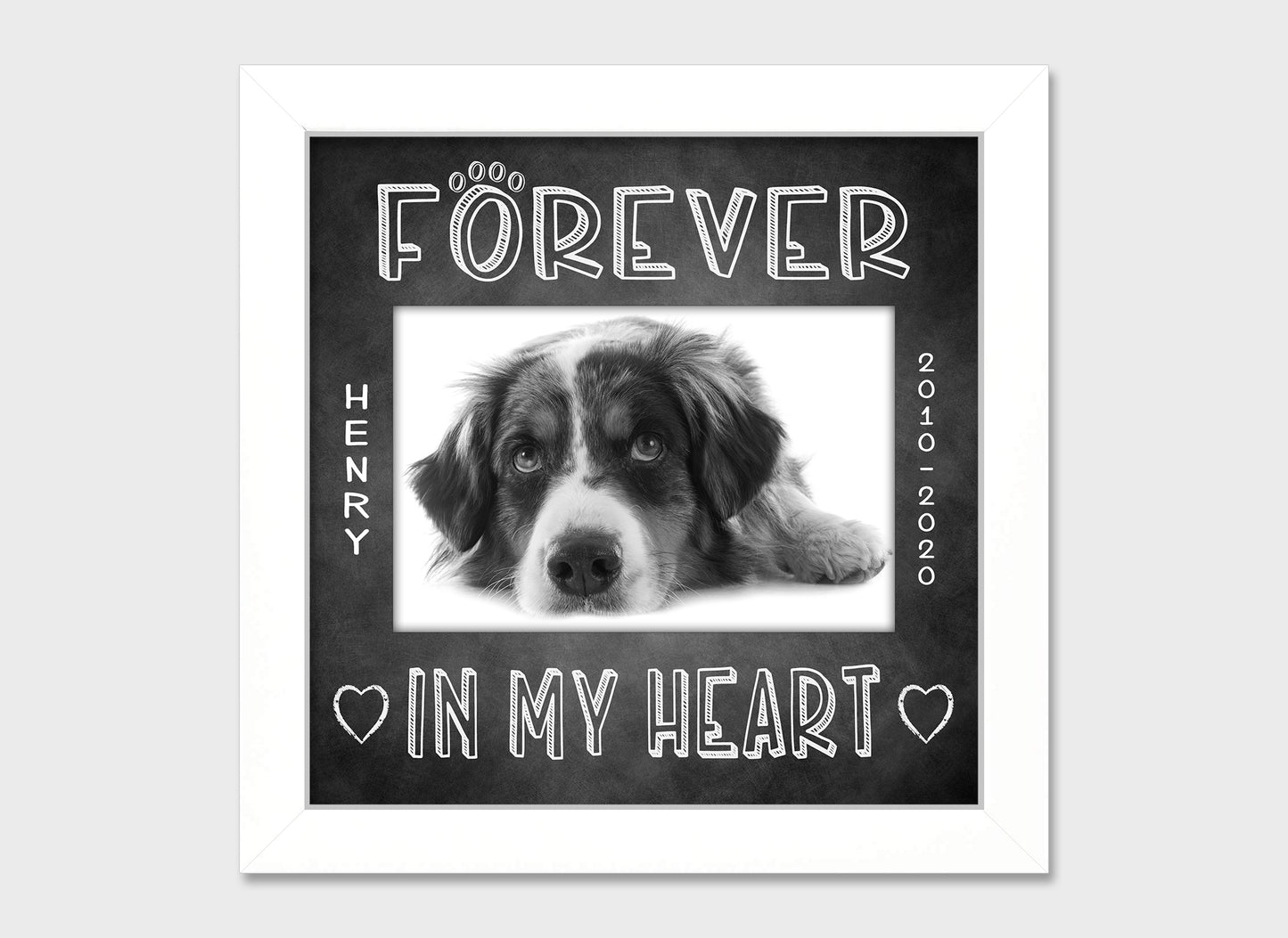 Pet loss personalized picture frame, Forever in My Heart, 8x8  Matboard Memories Black Matboard in White Frame  