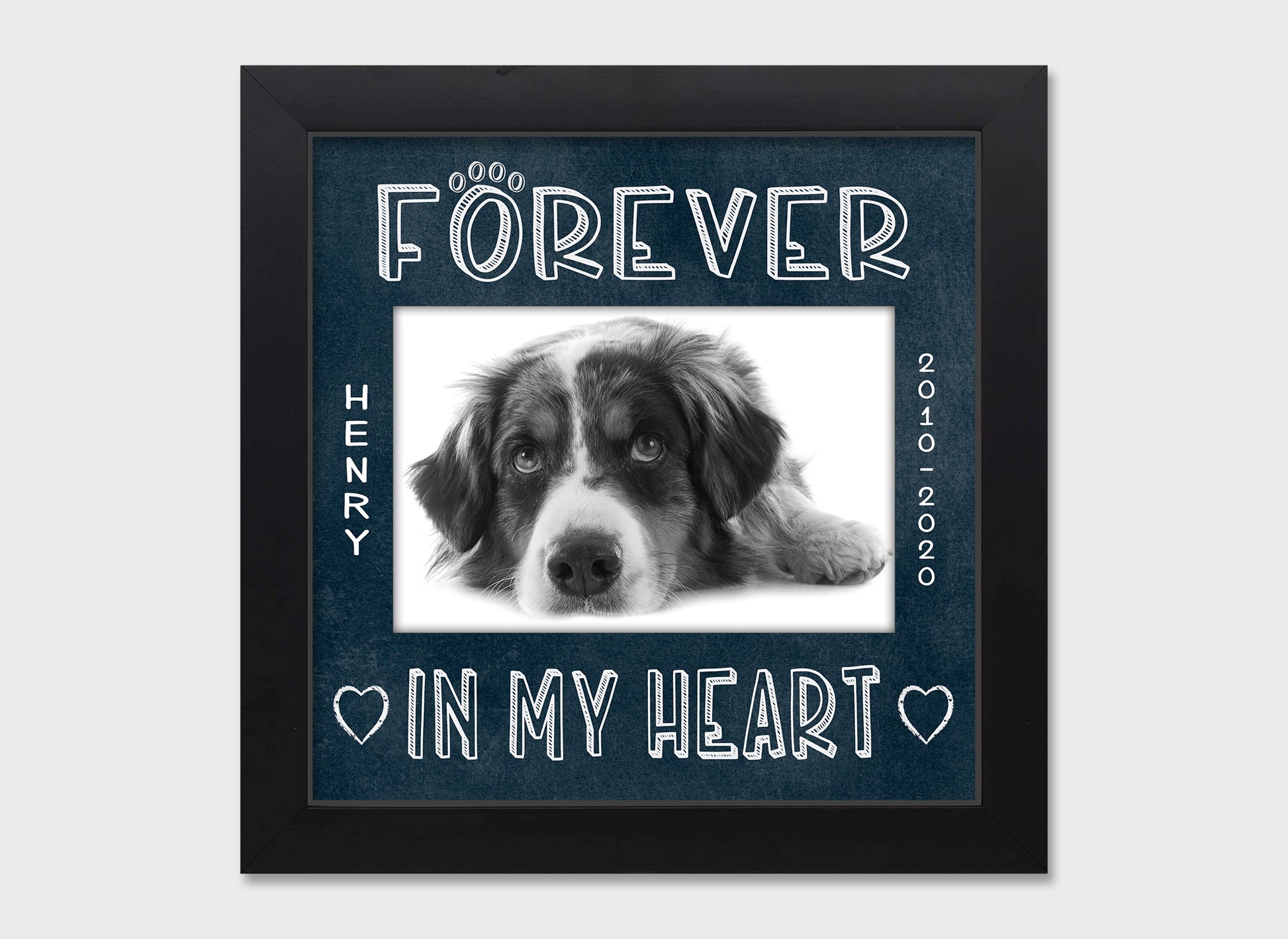 Pet loss personalized picture frame, Forever in My Heart, 8x8  Matboard Memories Dk Blue Matboard in Black Frame  