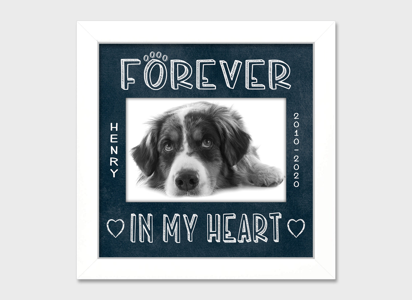 Pet loss personalized picture frame, Forever in My Heart, 8x8  Matboard Memories Dk Blue Matboard in White Frame  