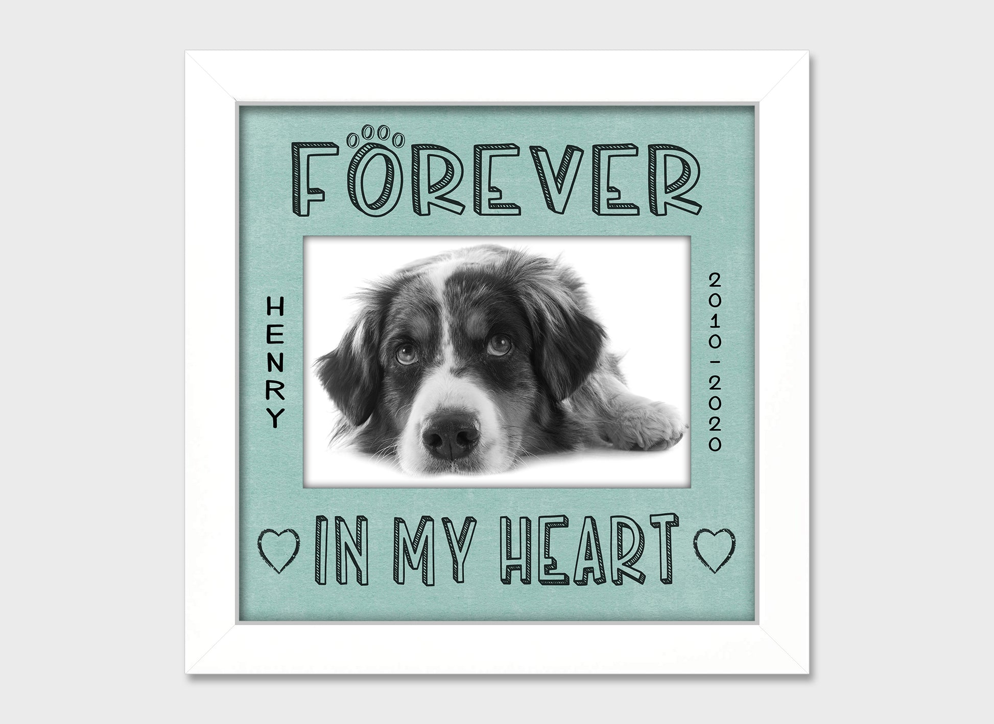 Pet loss personalized picture frame, Forever in My Heart, 8x8  Matboard Memories Turquoise Matboard in White Frame  